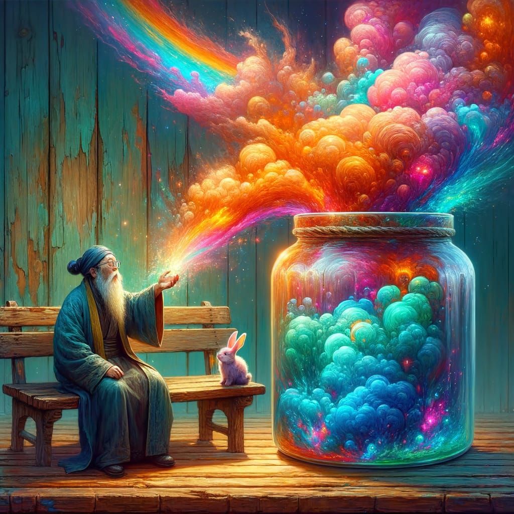 Wizard Creates Rainbows from Explosions on Bench
