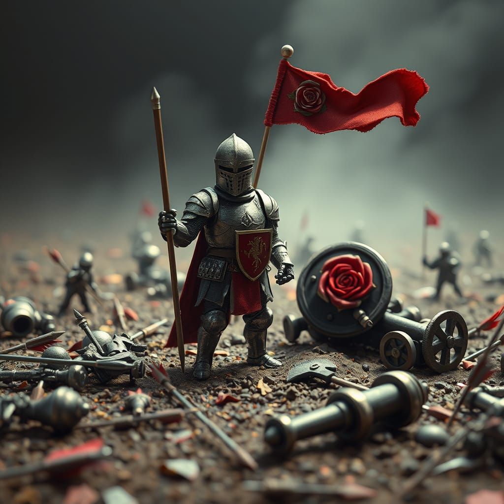 Tiny Toy Knight Stands on Surreal Battlefield