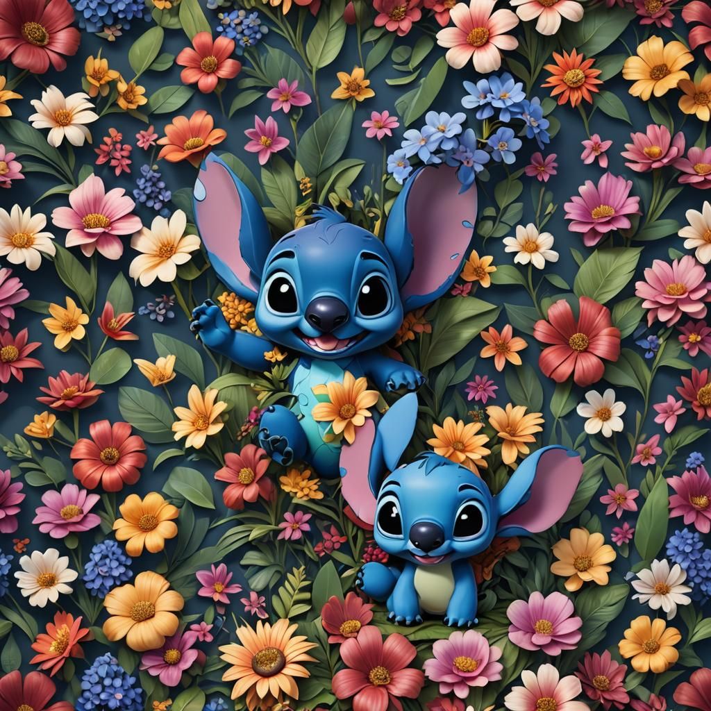 Cute Lilo & Stitch with Flowers in Detailed Painting