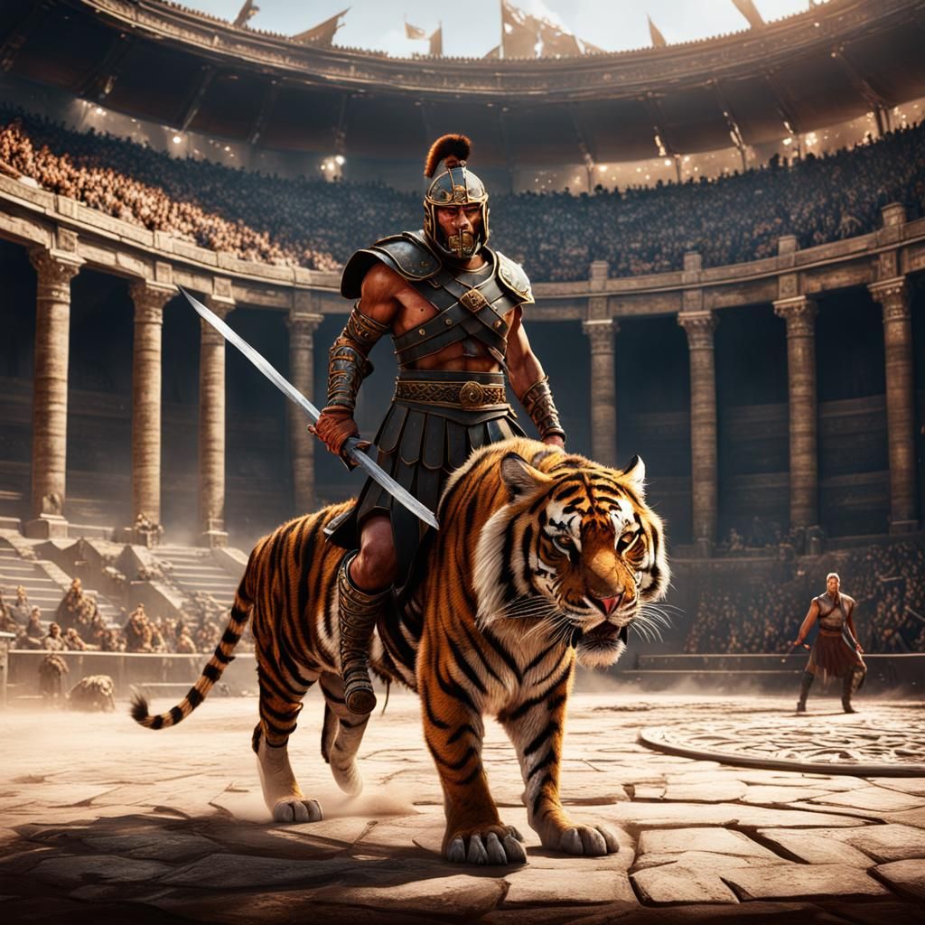 Gladiator and Tiger in Arena: Detailed Matte Painting