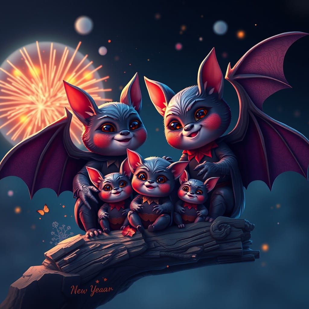 Surreal Bat Family Welcomes New Year in Vibrant Colors