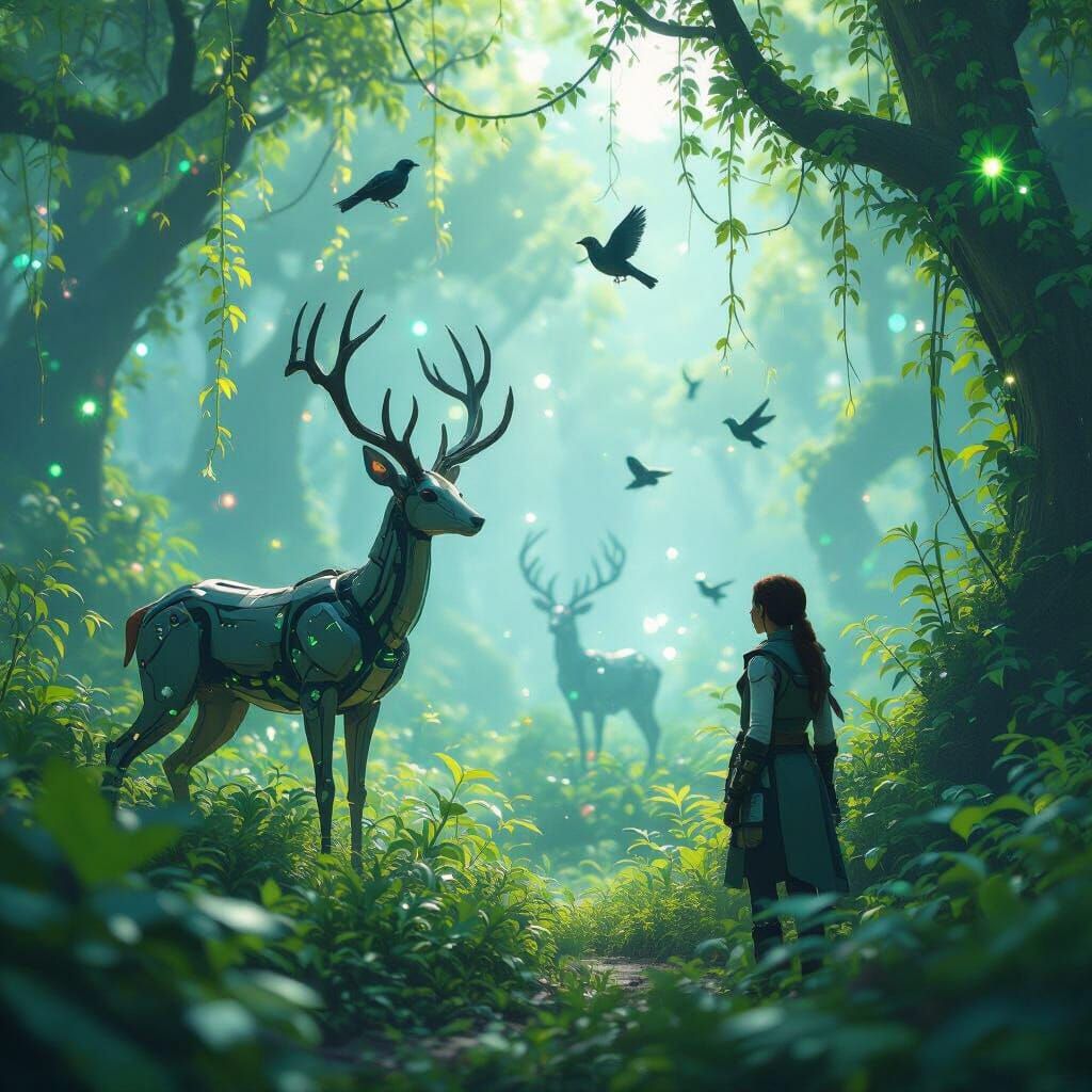 Mechanical Deer & Robotic Birds in Bioluminescent Forest
