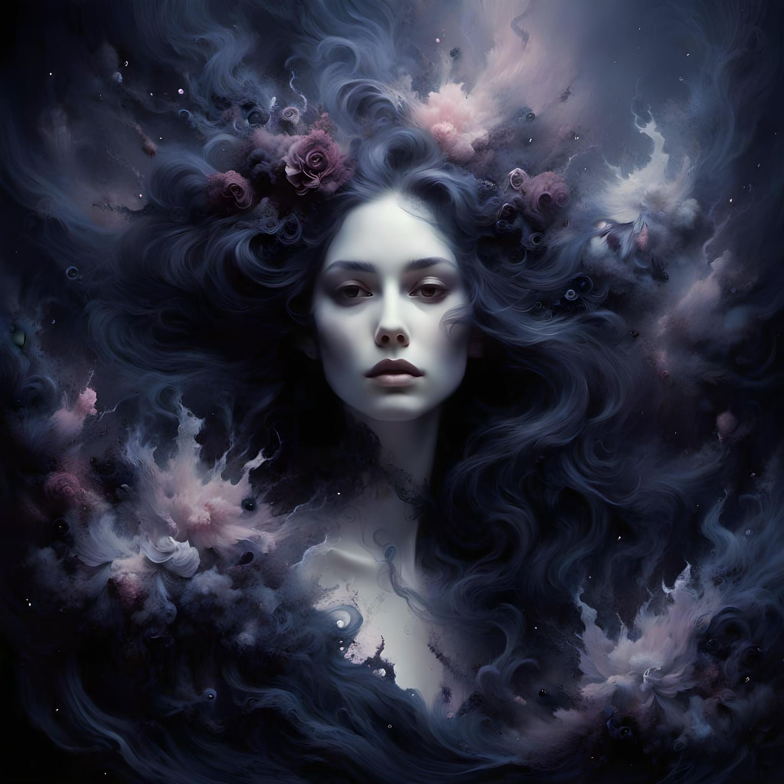 Serene Gothic Woman in Dreamscape Watercolour