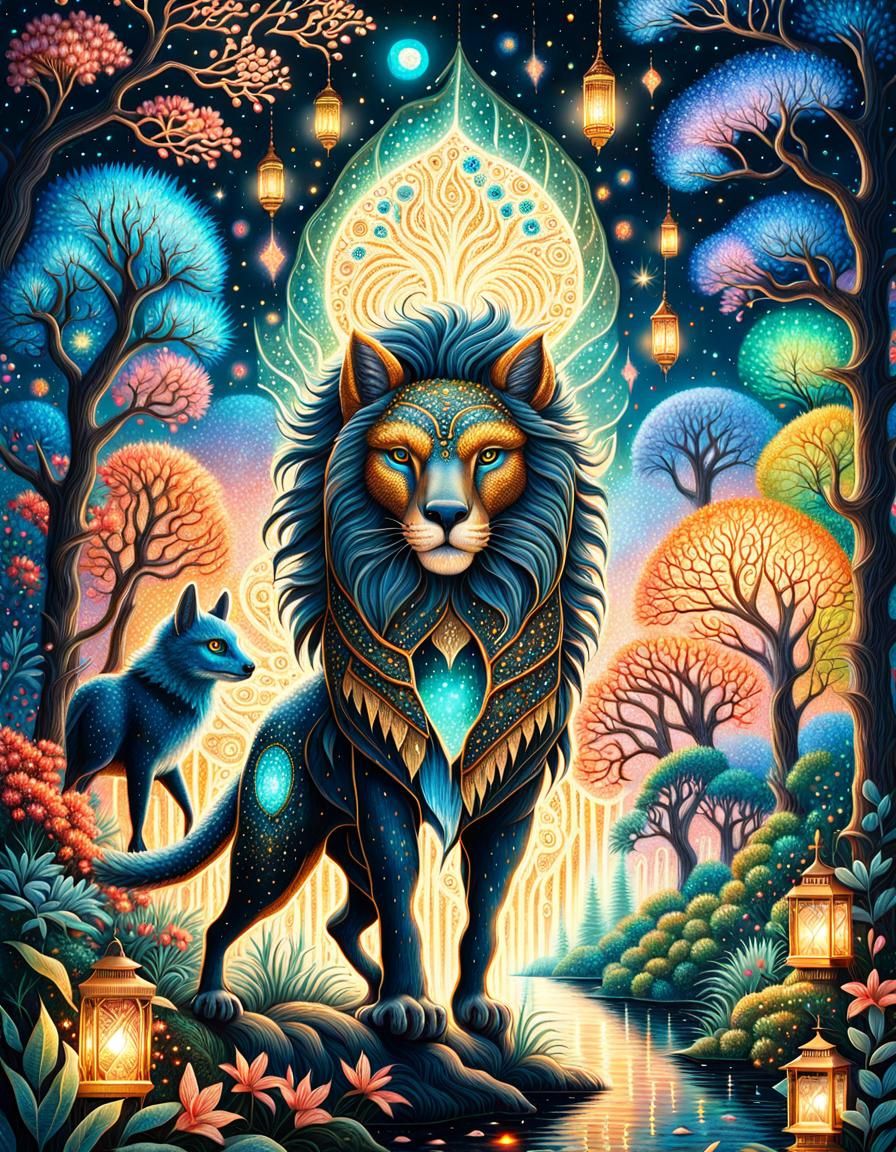 Mystical Guardian and Bioluminescent Tree in Pointillism