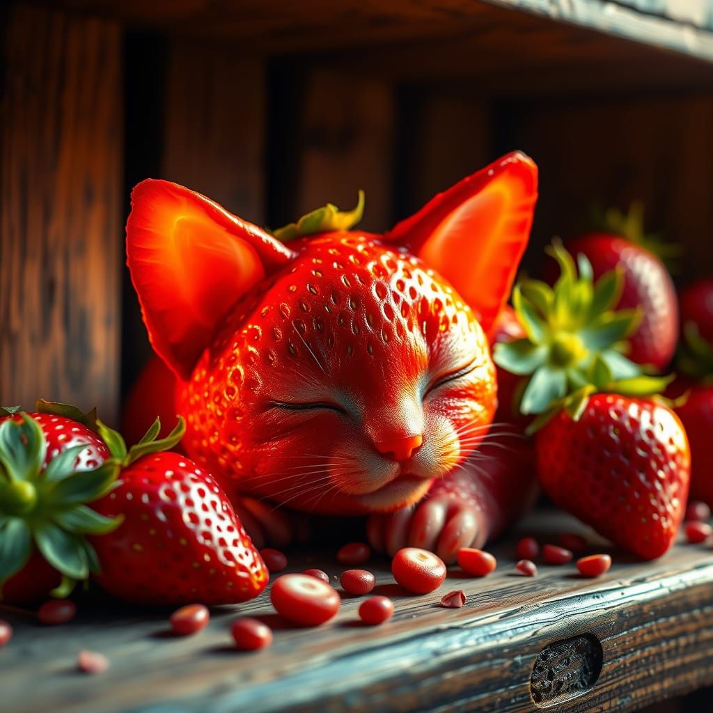 Surreal Strawberry Kitten in Hyperrealistic Still Life