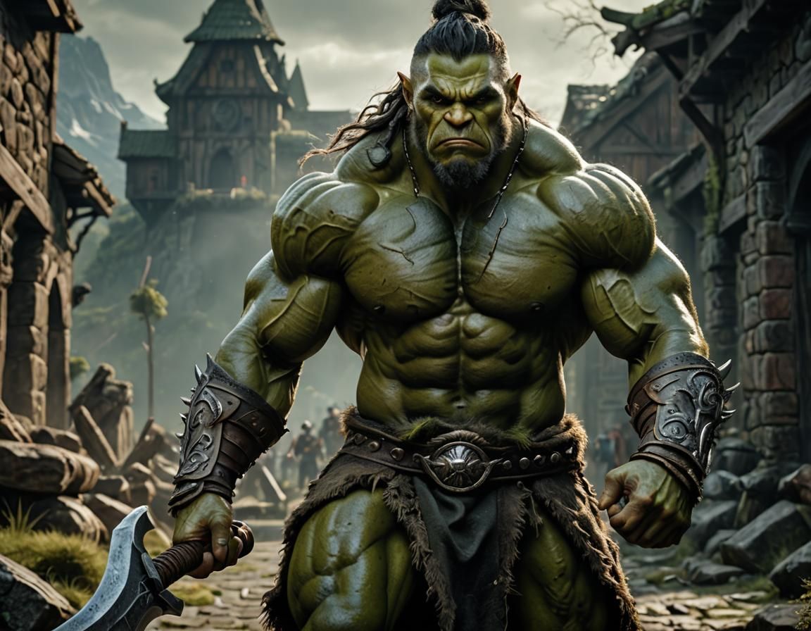 Orc Warrior Portrait in Stormy Enchanted Forest