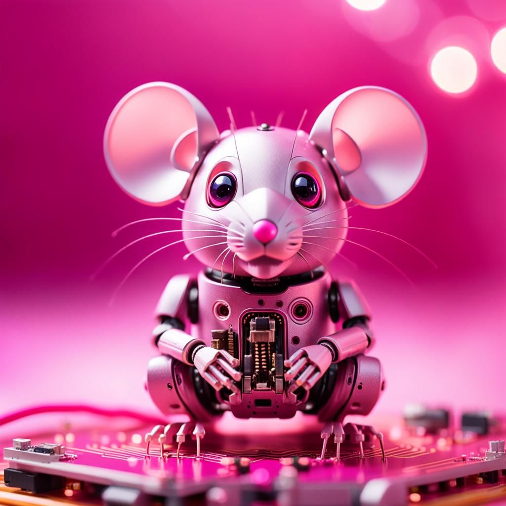 Pink Robot Mouse on Circuit Board in Macro