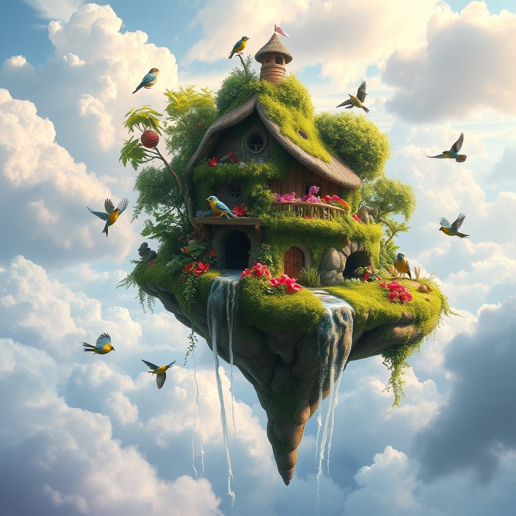 Whimsical Floating Island Birdhouse in the Sky
