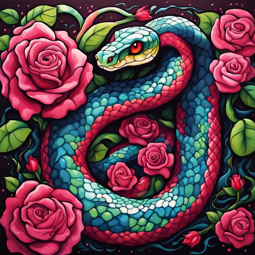 Graffiti Snake Among Roses in Street Art Style