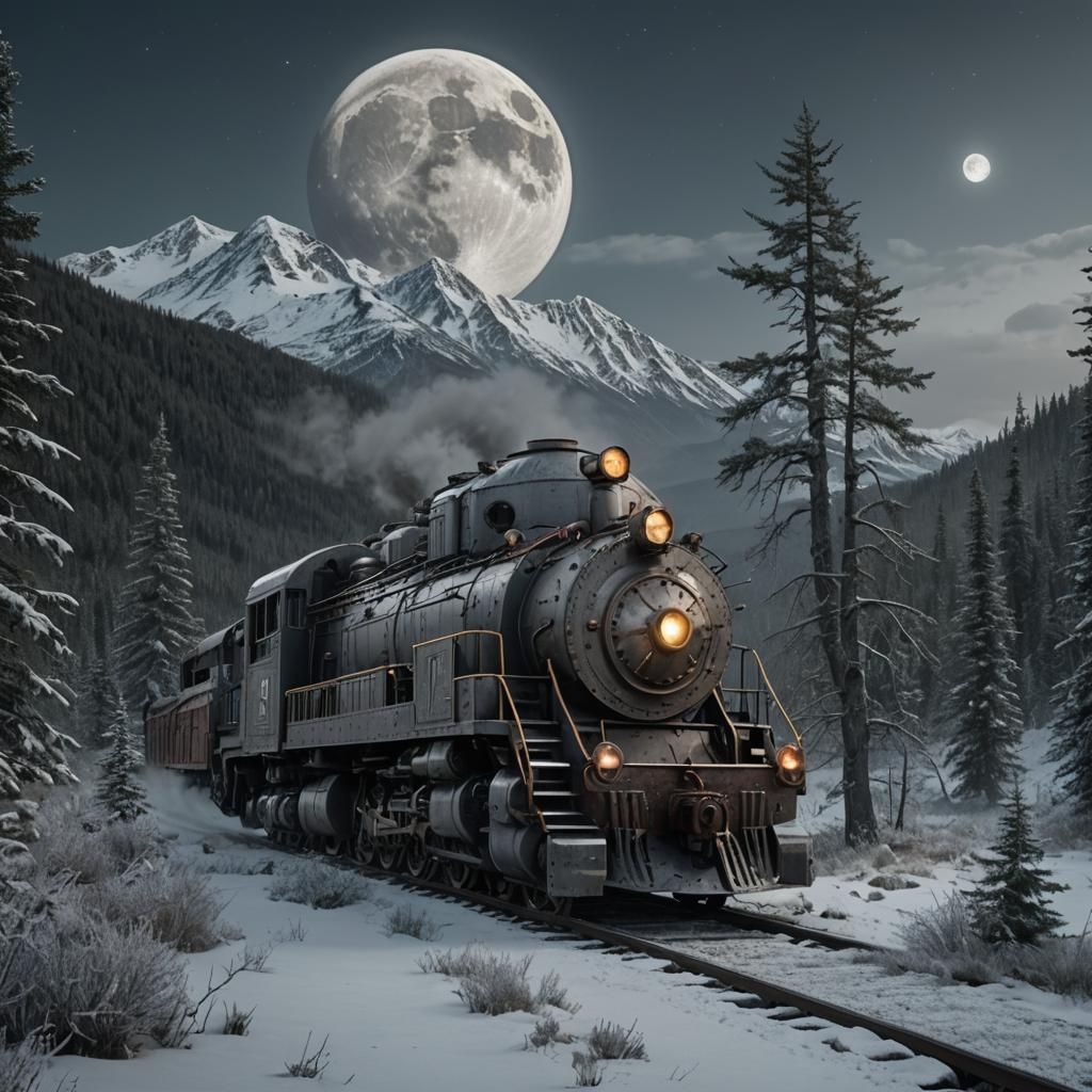 Armored Locomotive Under Grey Moon: Fantasy Concept Art