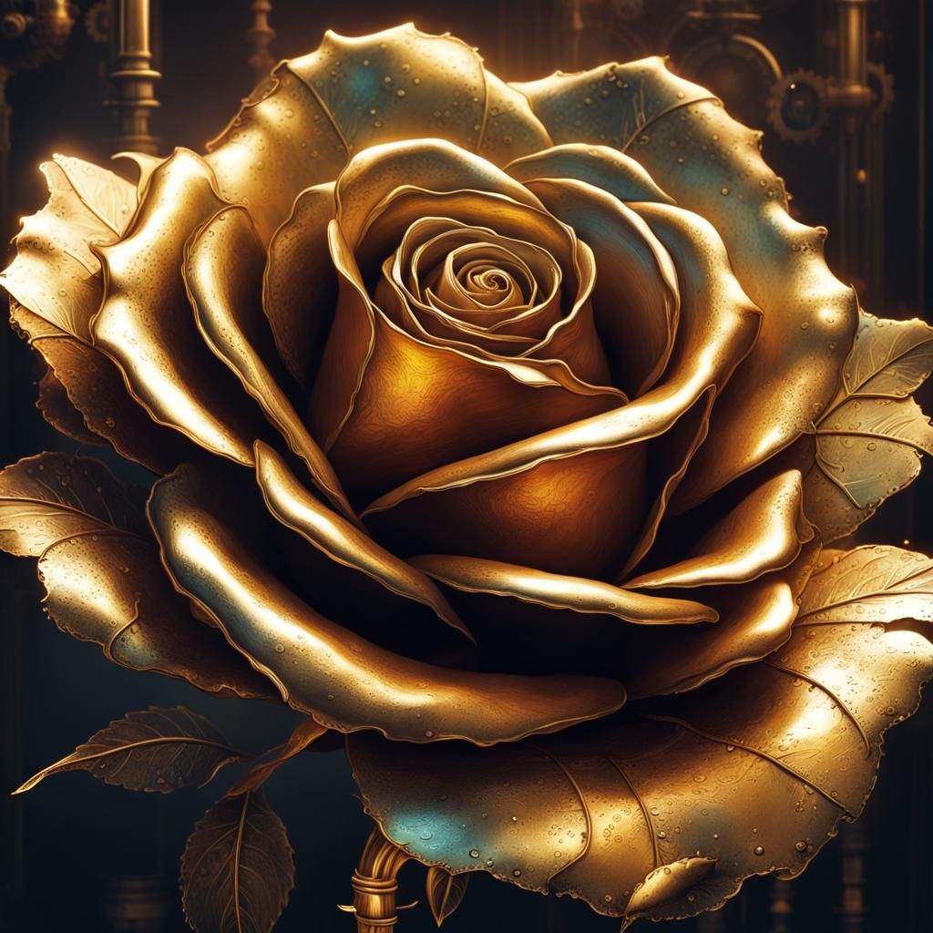 Steampunk Gold Rose in Hyperrealistic Detail