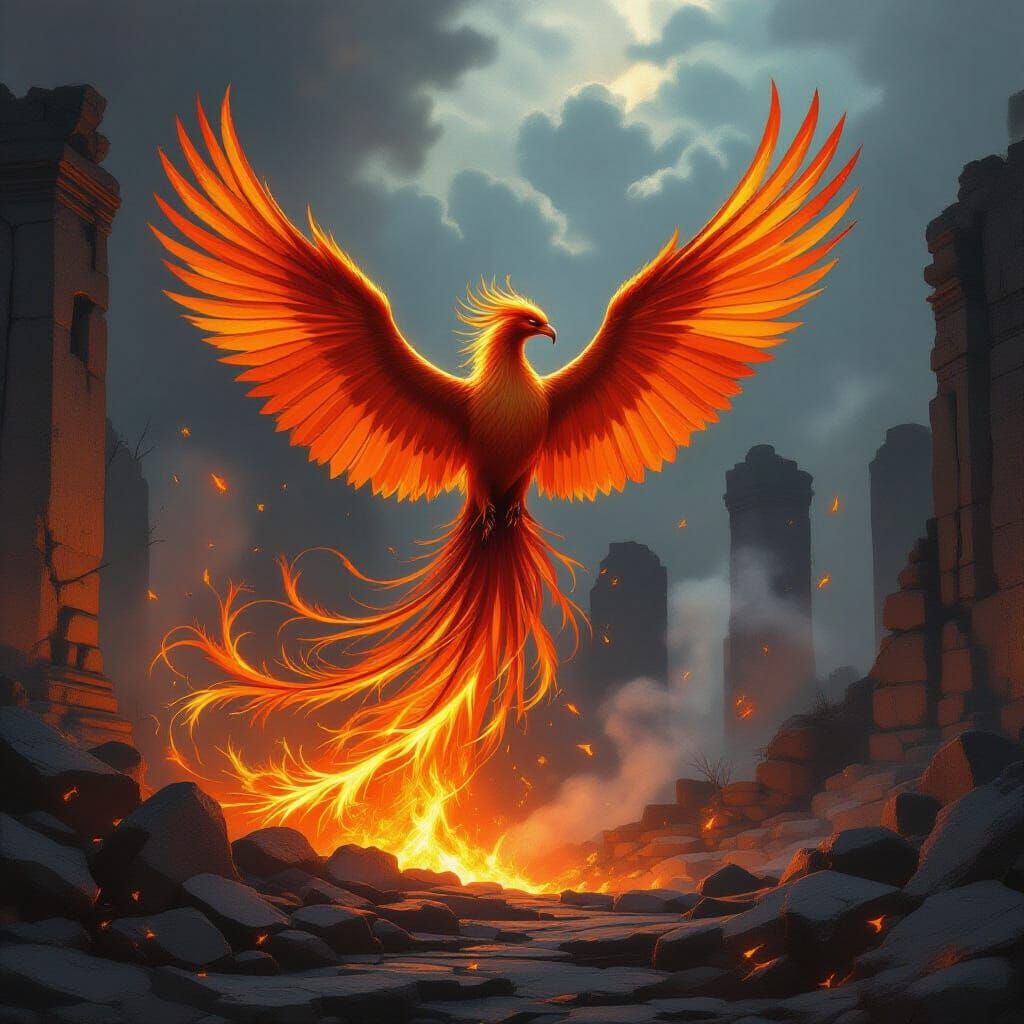 Majestic Phoenix Rises From Embers in Fantasy Art Style