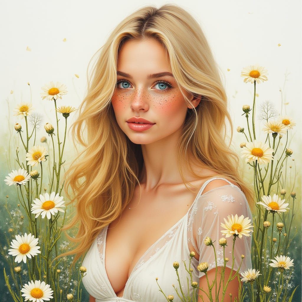 Beautiful Woman in Gouache Style Meadow Painting