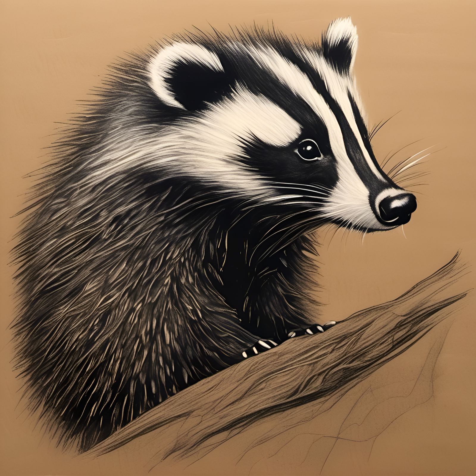 Whimsical Badger in Detailed Charcoal Sketch