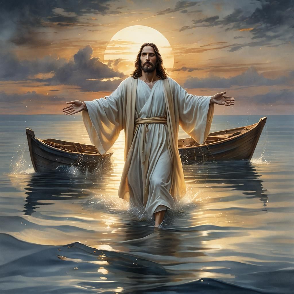 Jesus Walks on Water in Golden Hour Watercolor