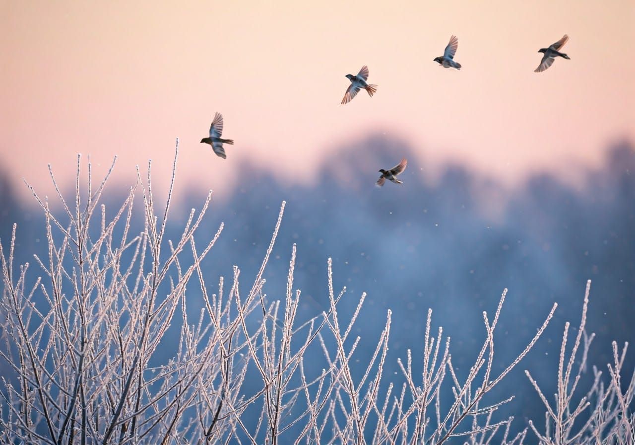 Ethereal Winter Birds in Flight Amidst Frosty Branches