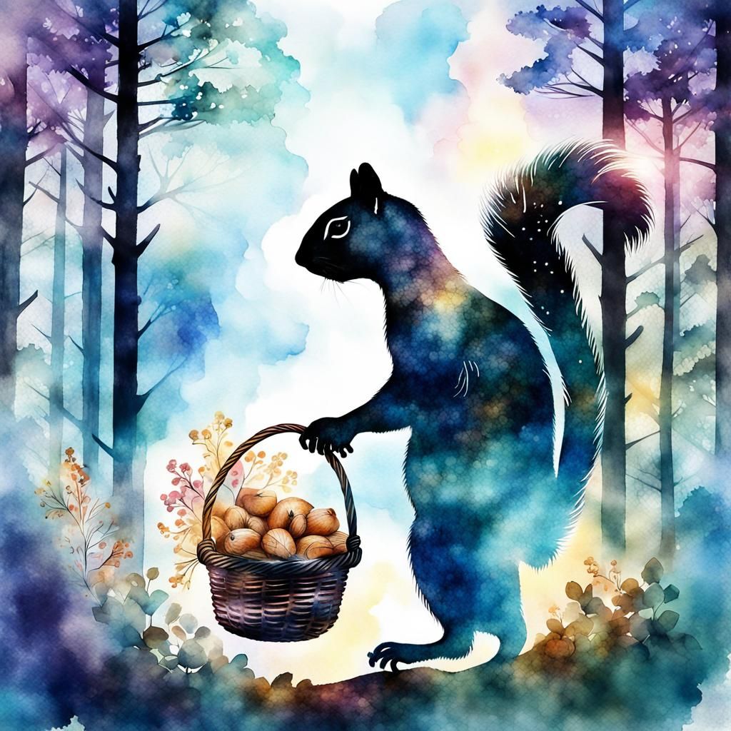 Squirrel Gathering Nuts: Watercolor Double Exposure