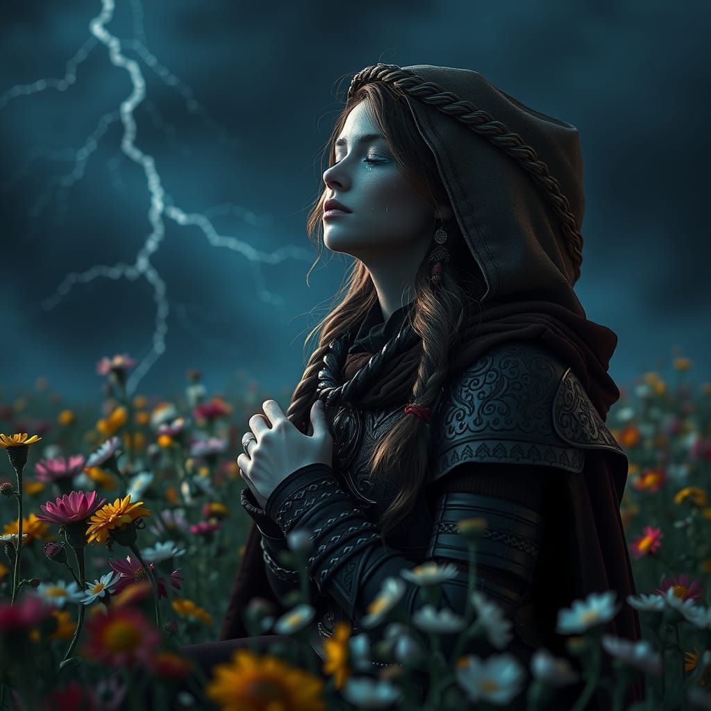 Woman Crying Luminous Tears in Fantasy Landscape