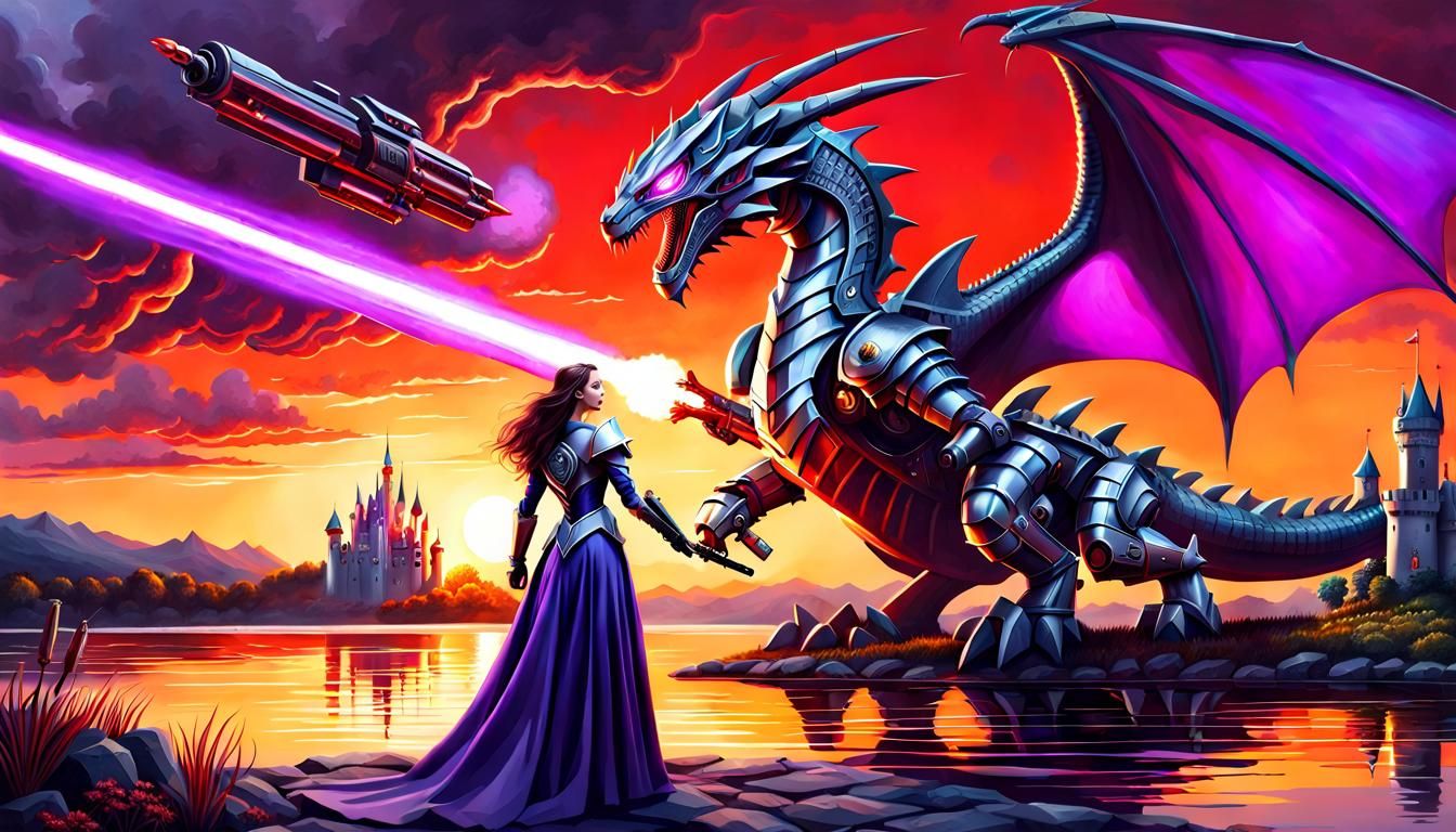 Medieval Woman Battles Robot Dragon at Sunrise