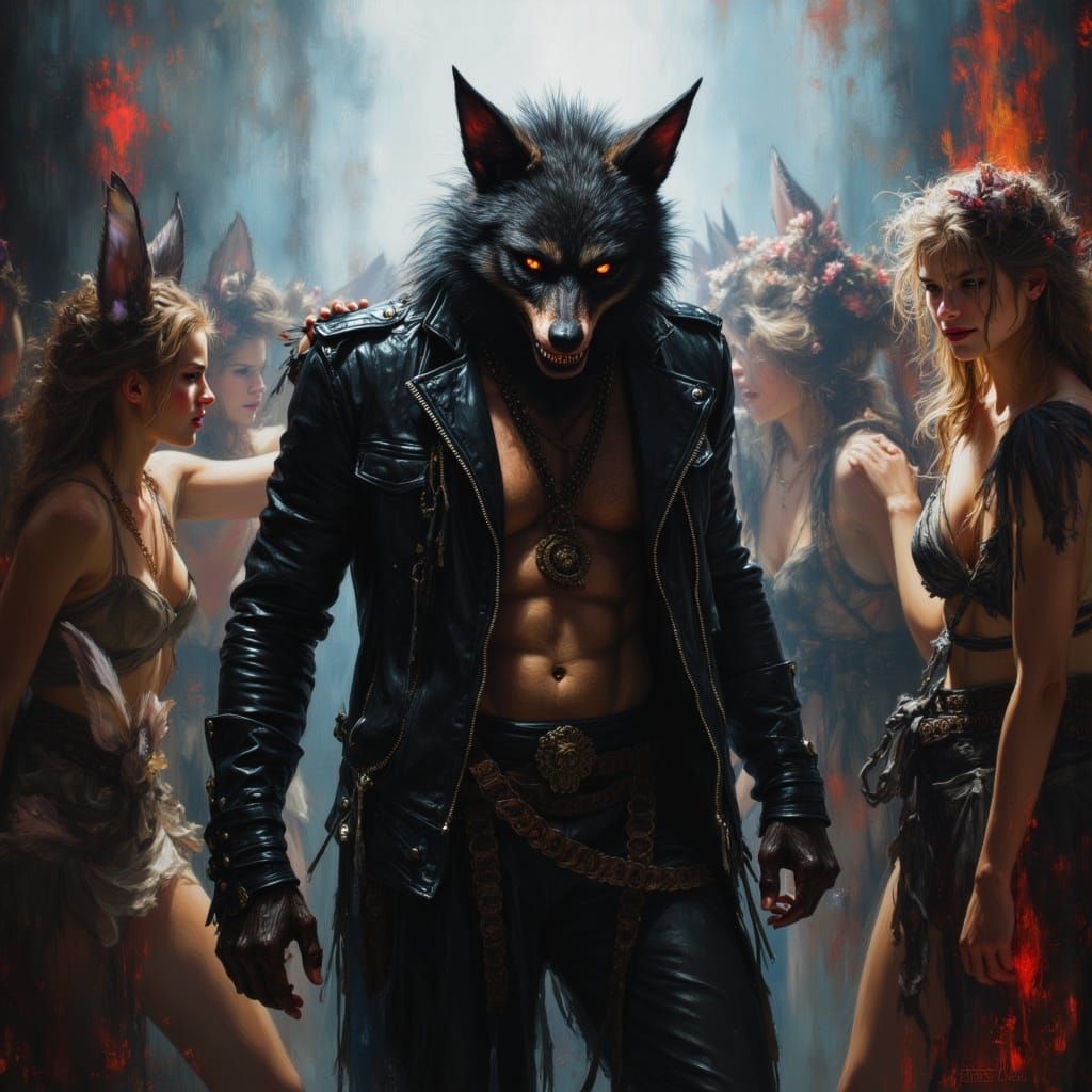 Grotesque Werewolf at Psychedelic Party as Oil Painting