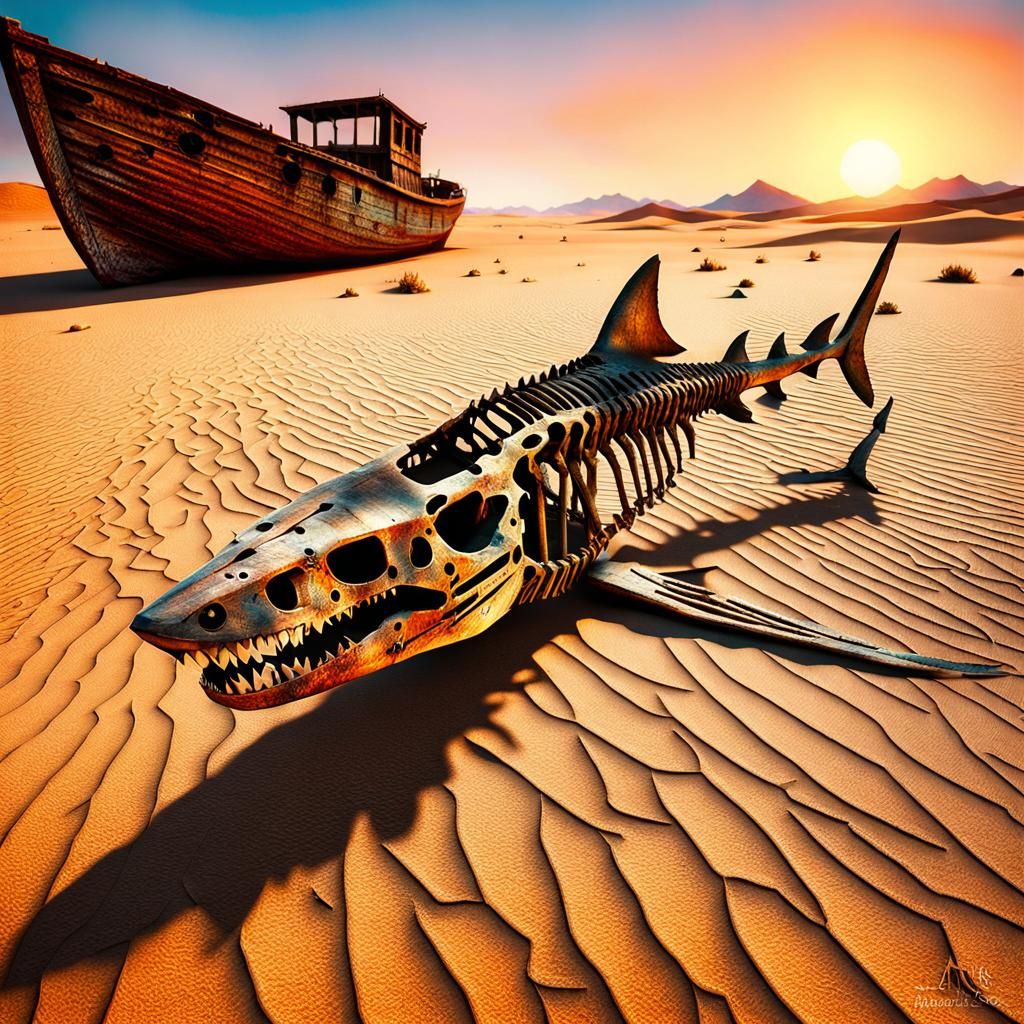 Desert Shark Skeleton near Abandoned Boat at Sunset