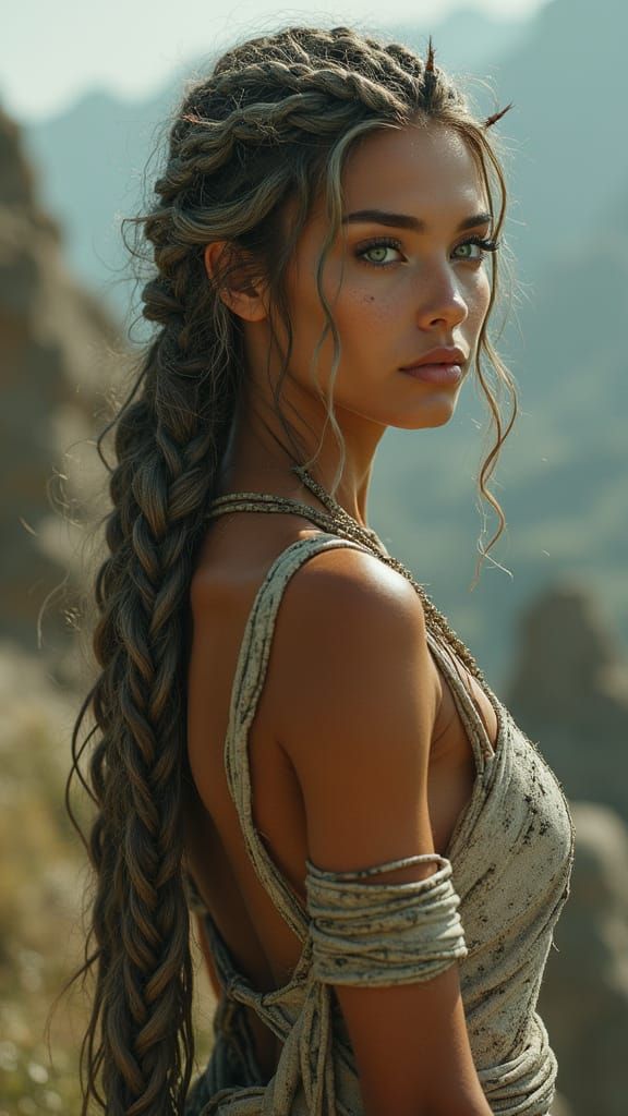 Statuesque Mythical Guardian in Earth-Toned Tribal Garb