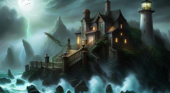 Cthulhu Climbs Lighthouse in Ethereal Fantasy Storm