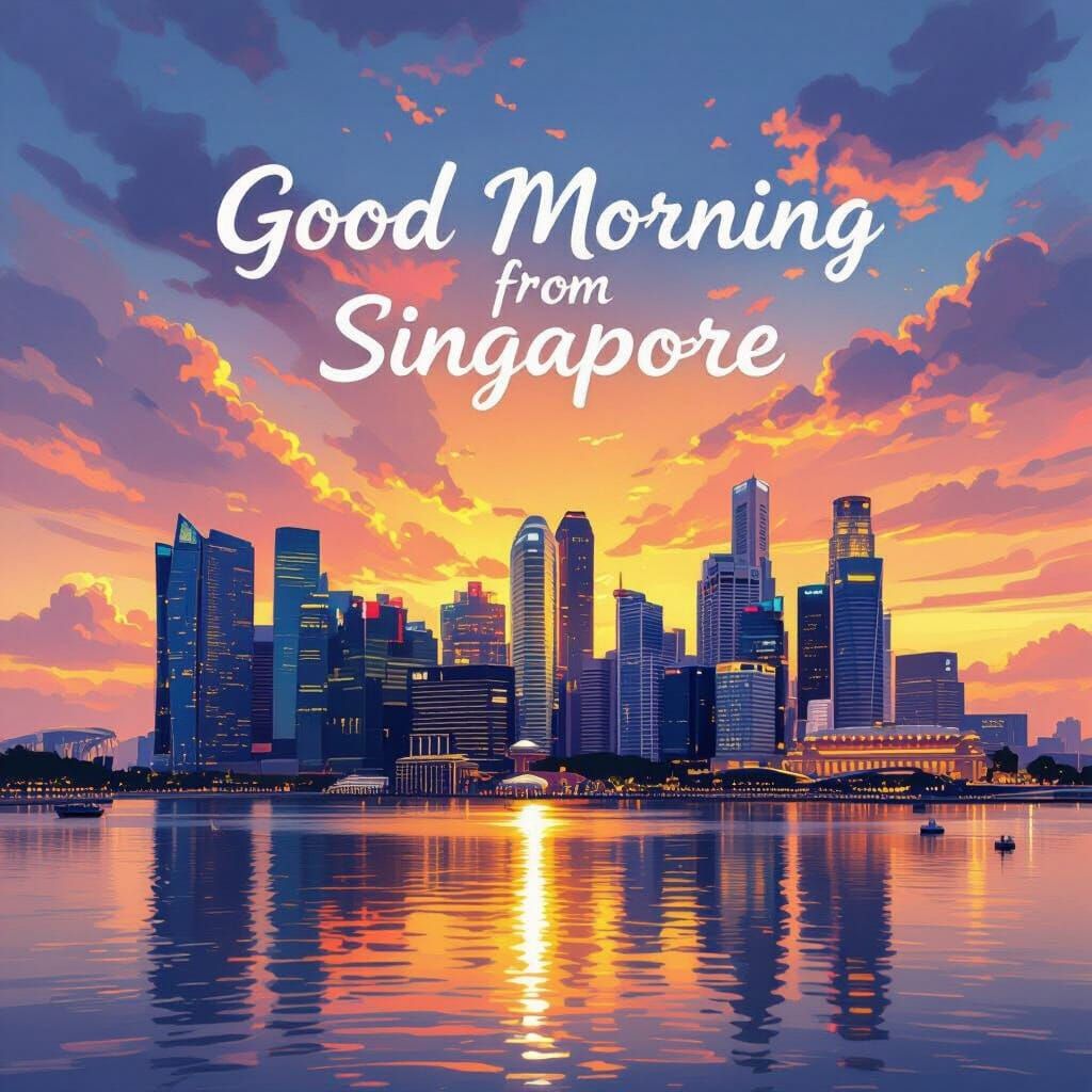 Singapore Skyline at Colorful Sunrise with Greetings