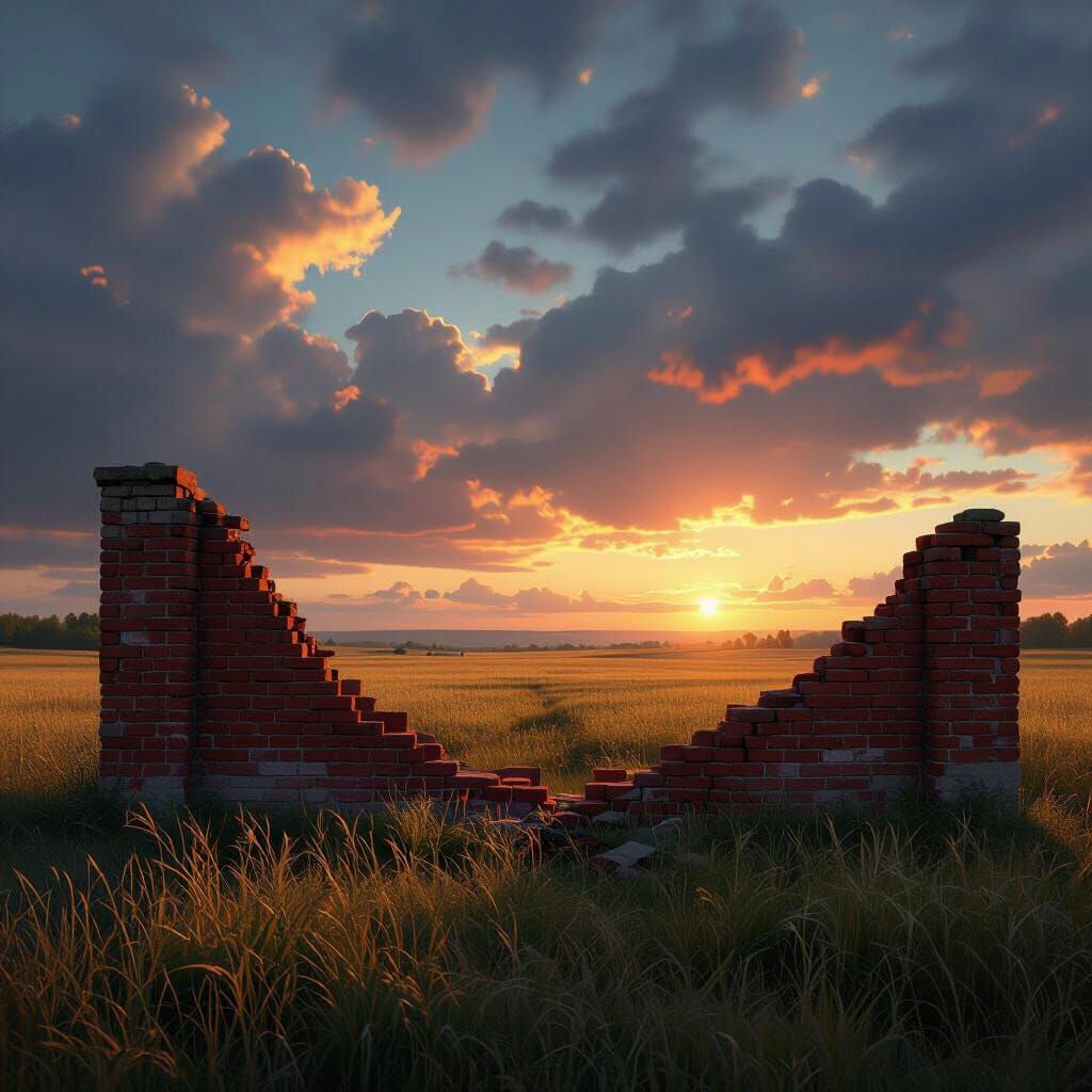 Broken Brick Wall in Vast Field, Cinematic Landscape