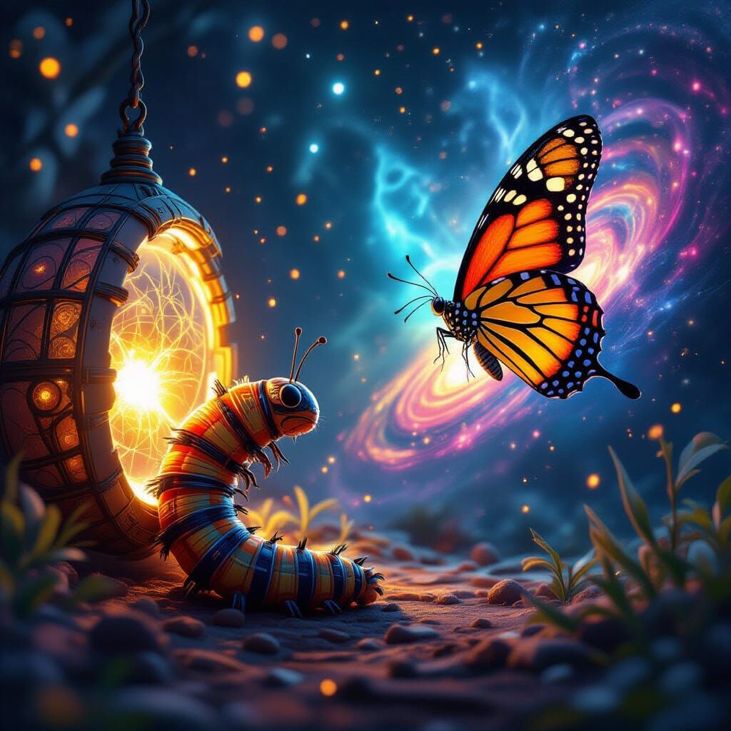 Caterpillar's Glimpse: Butterfly Portal in Hyperrealism