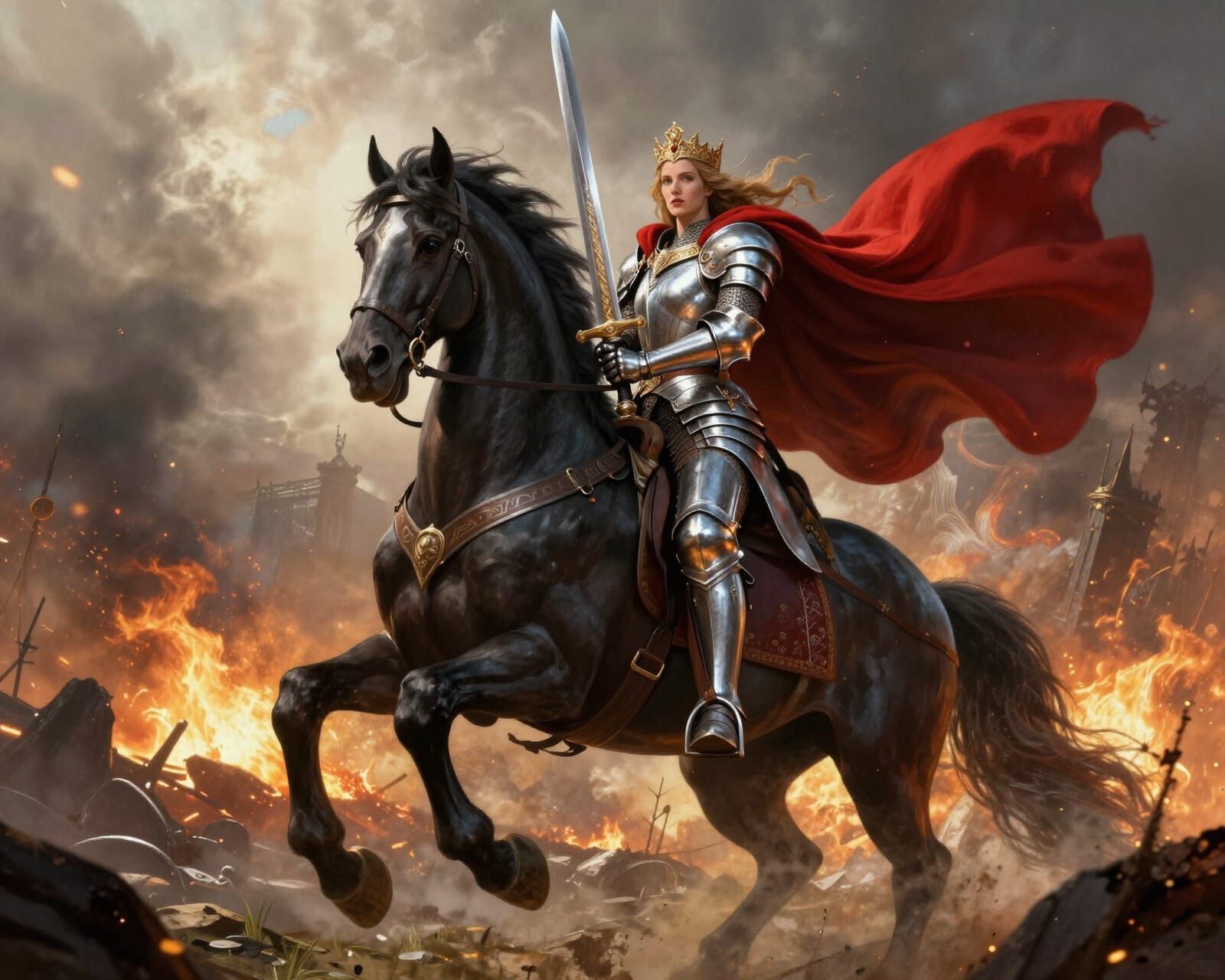 Regal Queen on Horseback in Fiery Battlefield