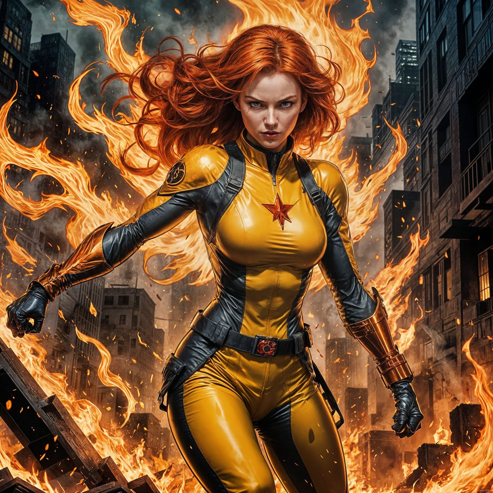 Marvel Comic Style Fire Woman Surrounded by Flames