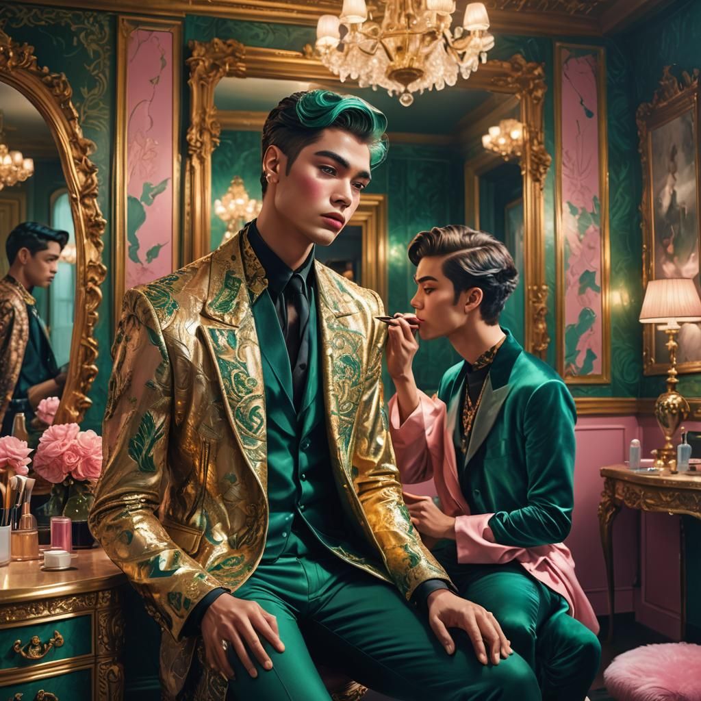 Ornate Dressing Room: Young Man's Vibrant Makeup Concept Art