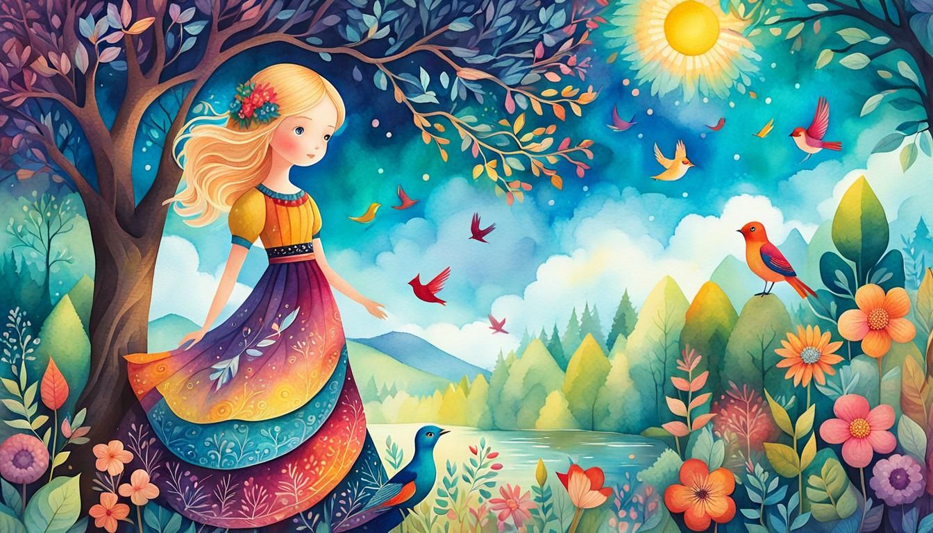 Whimsical Doll in Vibrant Forest Illustration