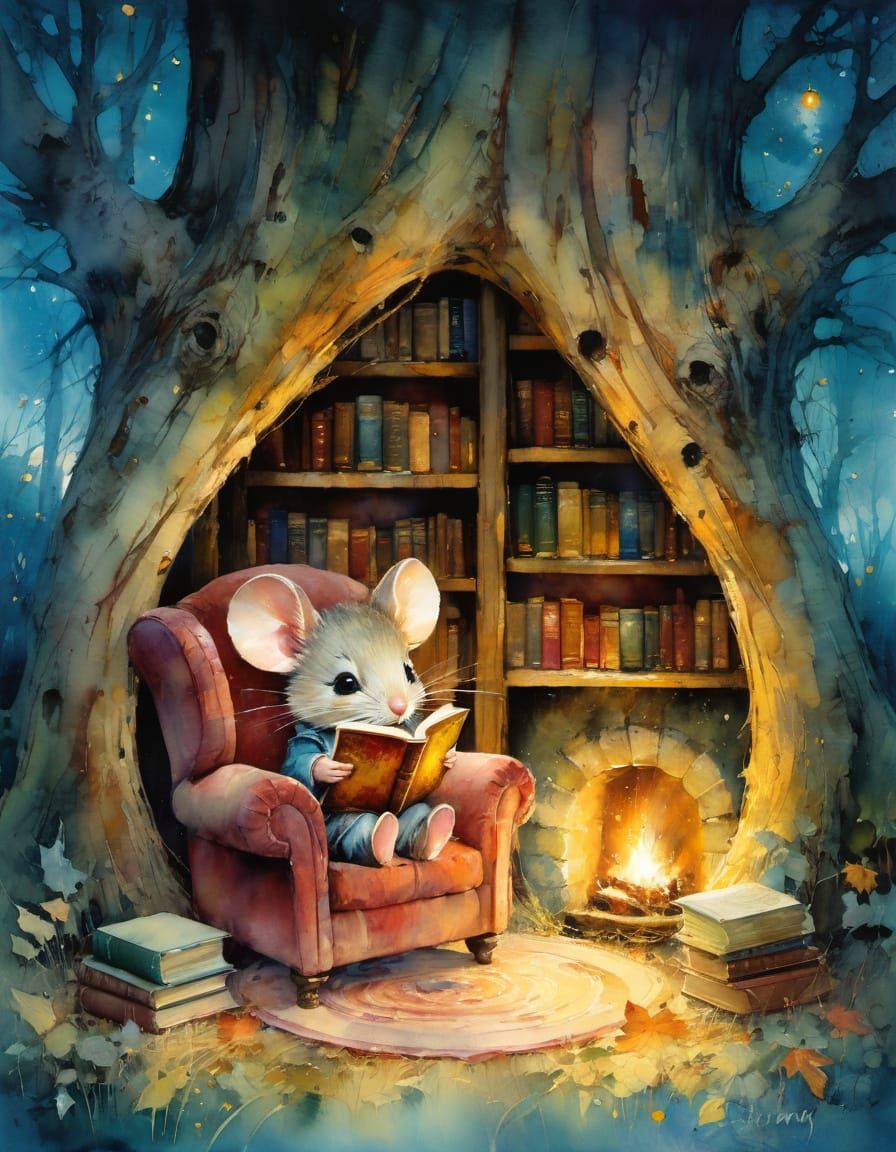 Whimsical Mouse Reading in Cozy Tree Nook