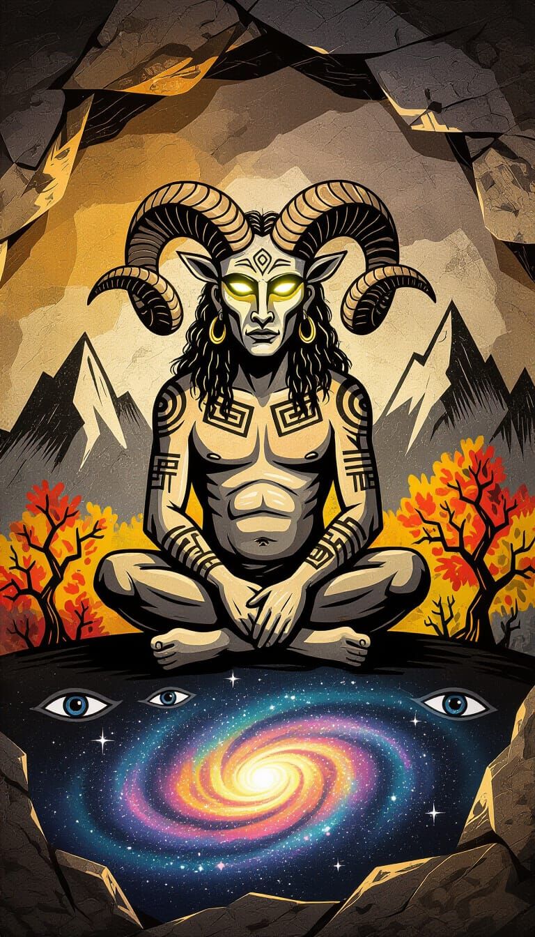 Ancient Cave Painting of Horned Figure Under Galaxy