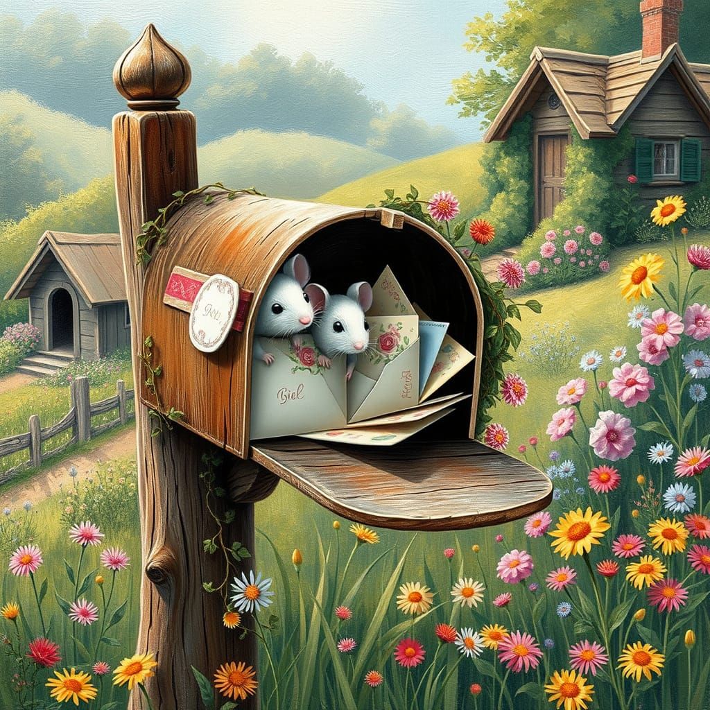 Whimsical Countryside Scene with Mailbox and Wildflowers