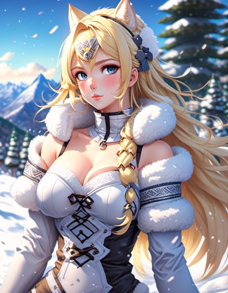 Anime Blonde in Fur on Snowy Mountain
