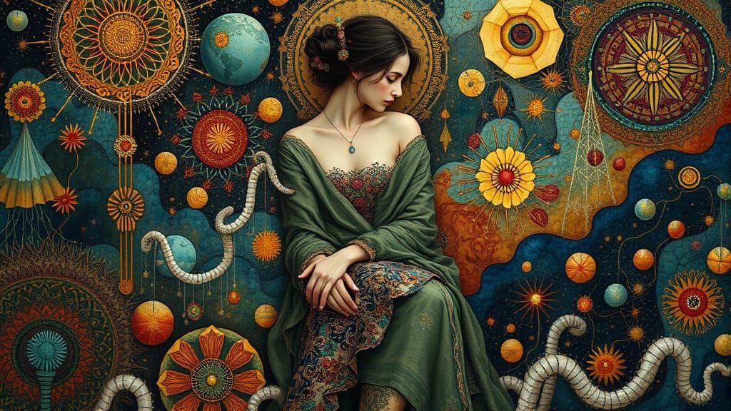 Enchanting Figure in Vibrant, Dreamlike Landscape