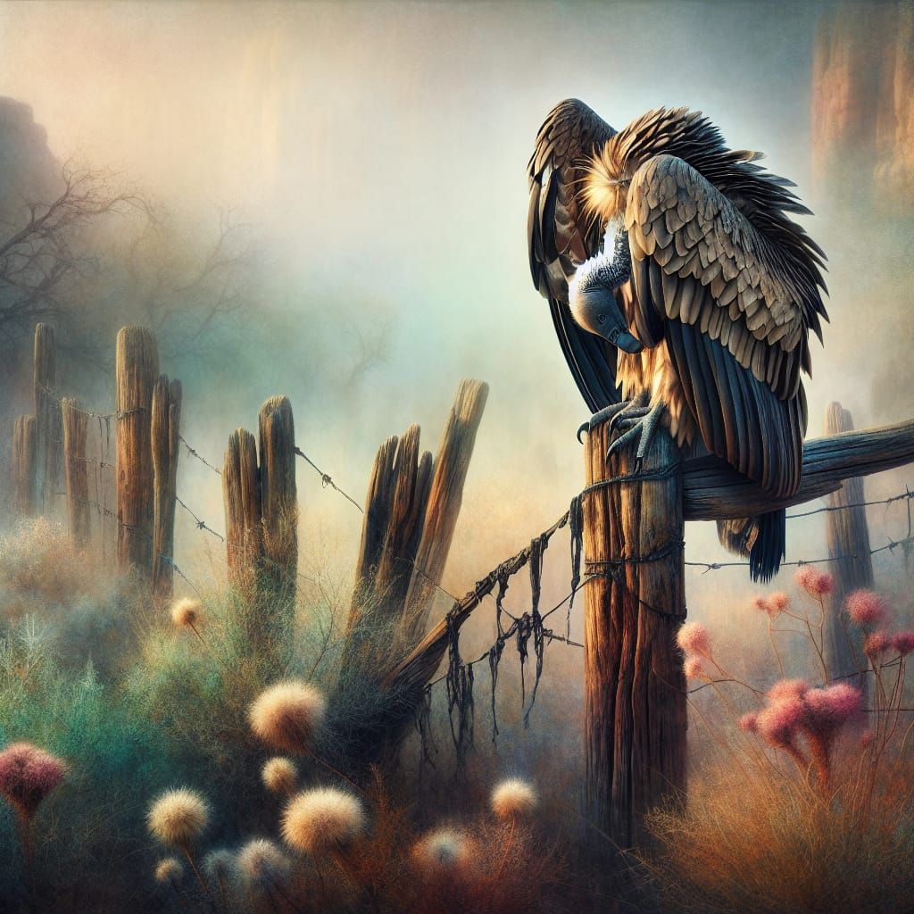 Wildlife Scene: Vulture on Weathered Fence Post in Ethereal....