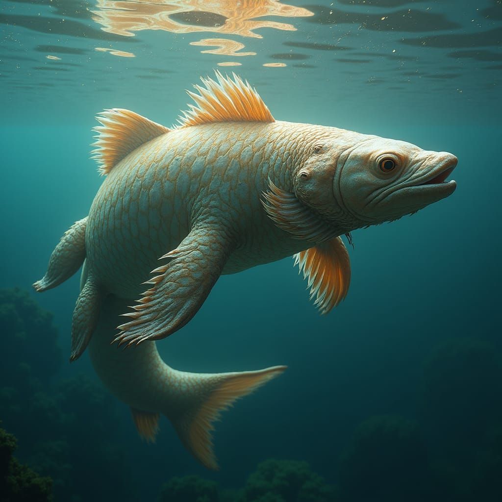 Majestic Bear-Muskie Hybrid Swimming in Mystical Realm