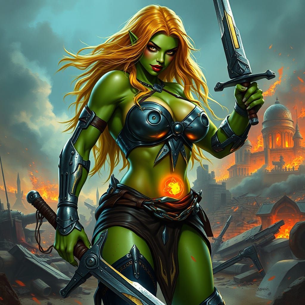 Gorgeous female half-orc half-cyborg warrior.  Flawless green skin, muscular body, large bosom, black eyes, deep crimson...