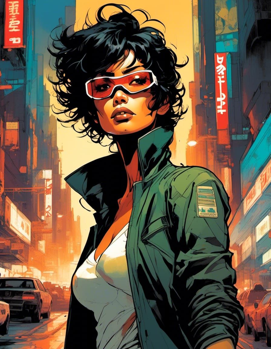 Futuristic Bounty Hunter in Neo-Noir Comic Art