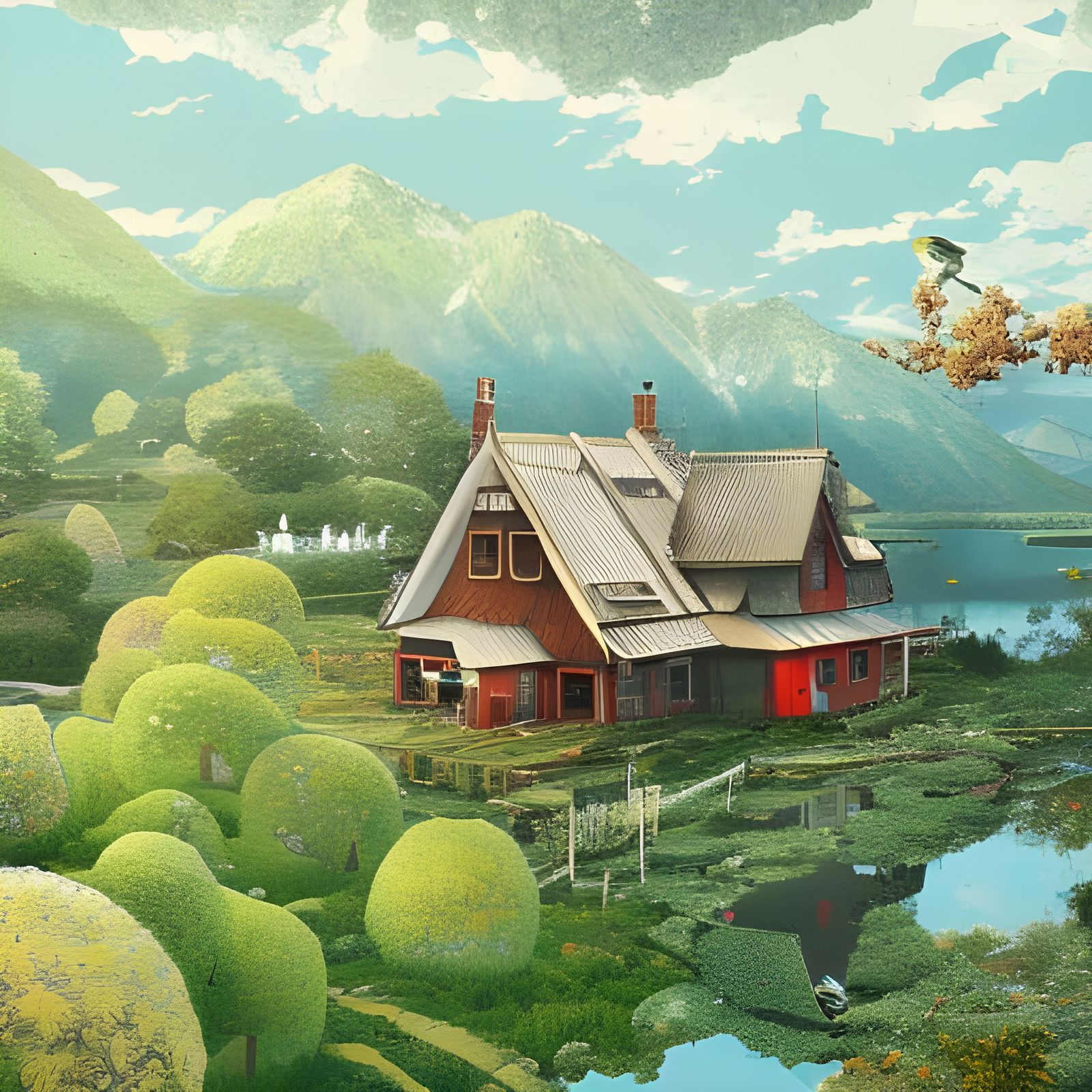 Picturesque Lakeside Farmhouse with Mountain Backdrop