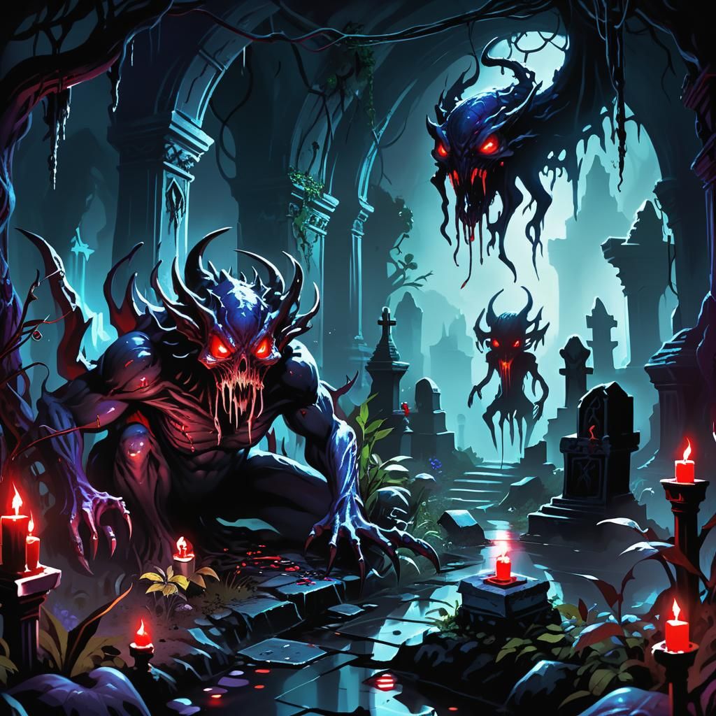 Monstrous Evil Fae in Dark Graveyard Shrine