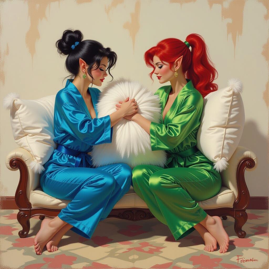 Elven Pillow Fight in Fantasy Oil Painting Style