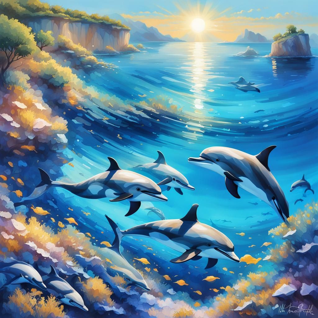 Dolphins Frolic in a Tranquil Cove