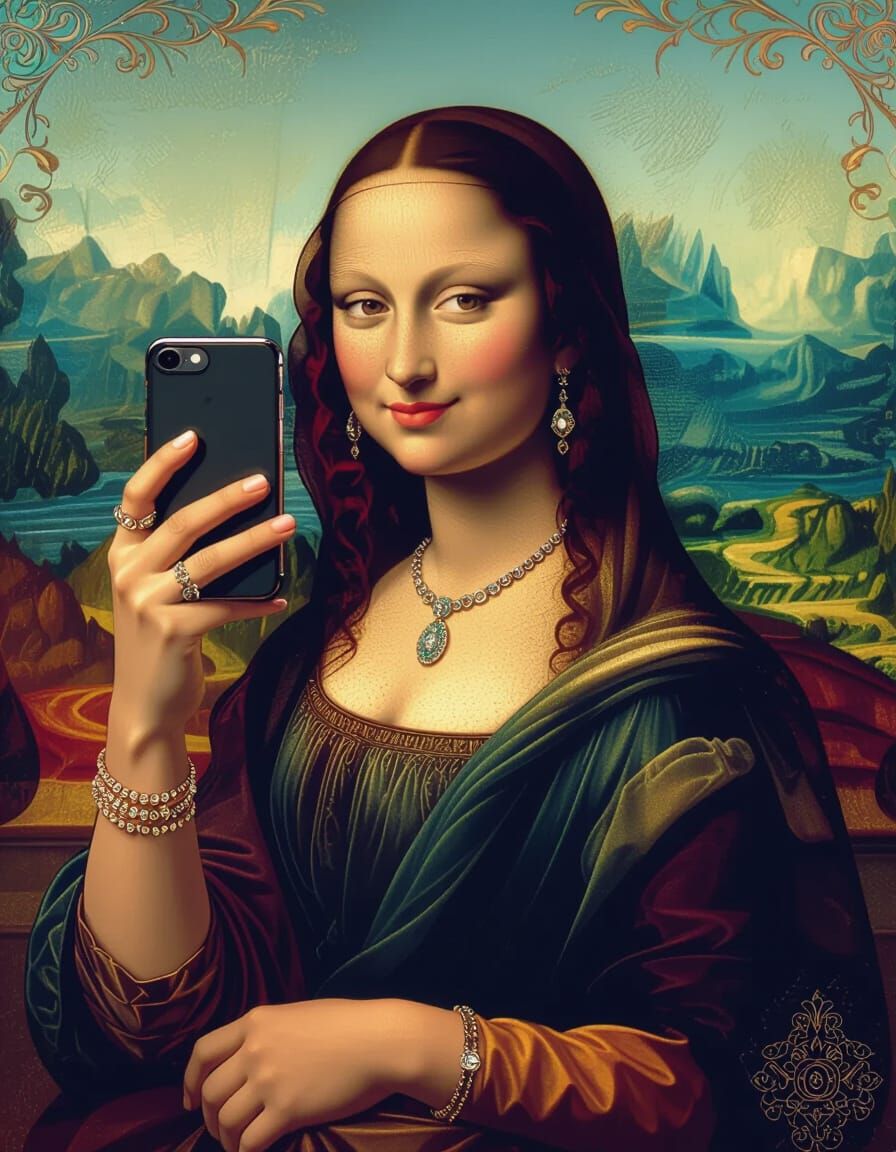Mona Lisa Takes a Selfie in Hyperrealistic Style