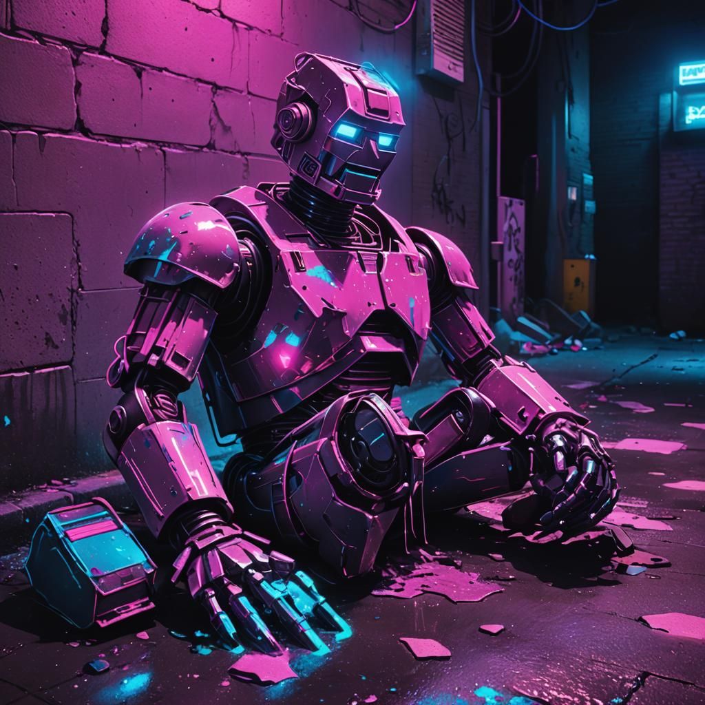 Neon Synthwave Robot Golem in Dark Alley