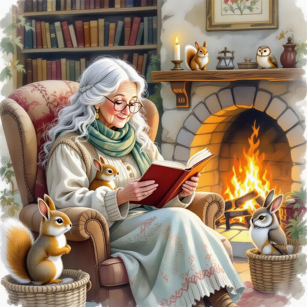 Enchanting Watercolor: Wise Woman Reading to Forest Animals